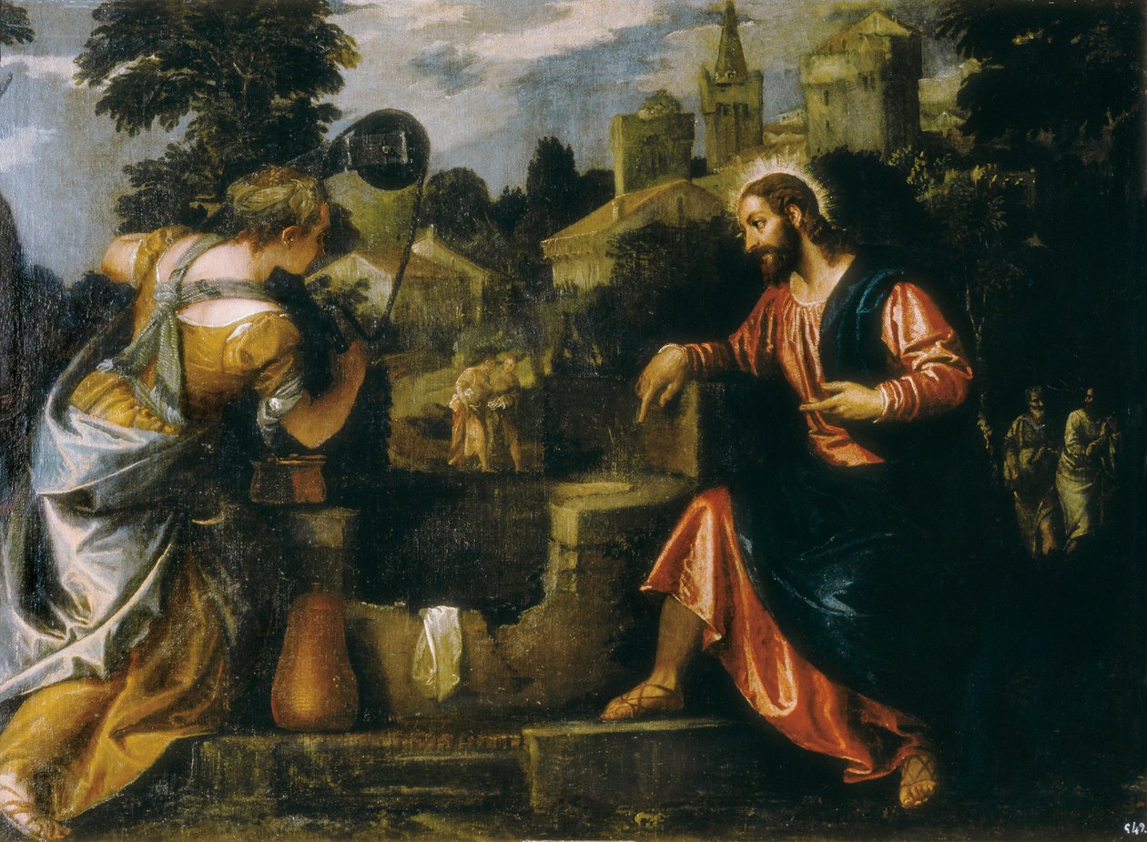 Kristus a Samaritánka u studny. Obraz od Paola Caliariho řekl Paolo Veronese (1528-1588) ,1580. Skutečný Monasterio de San Lorenzo de El Escorial. od Veronese