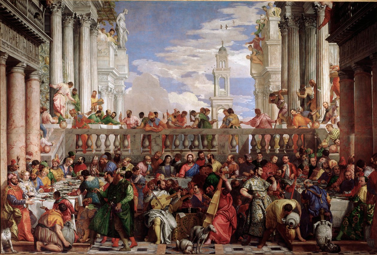 Zázrak přeměny vody ve víno. Detail Marriage of Cana (olej na plátně od Veronese