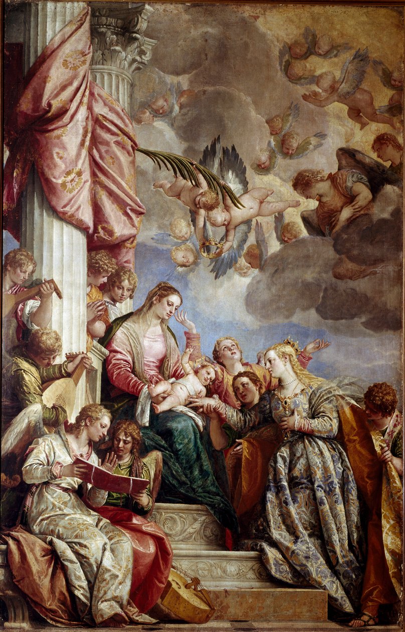 Mystické manželství svaté Kateřiny. Obraz Paolo Caliari Paolo Veronese (1528-1588), kolem roku 1575. Olej na plátně. Rozměr: 337 x 241 cm. Benátky, Gallerie del 