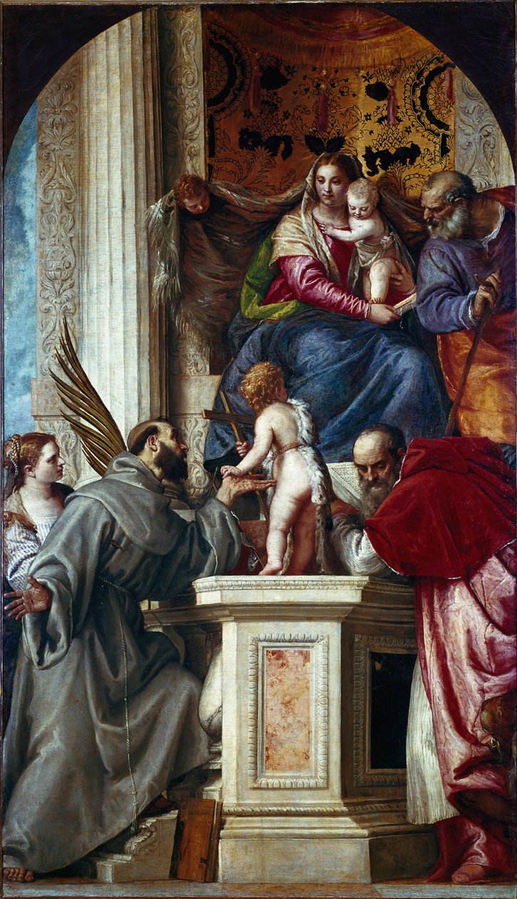 Svatá rodina se svatými (Posvátný rozhovor známý jako Pala di San Zaccaria nebo Oltářní obraz sv. Zachariáše). Obraz Paolo Caliari Paolo Veronese (1528-1588) od Veronese