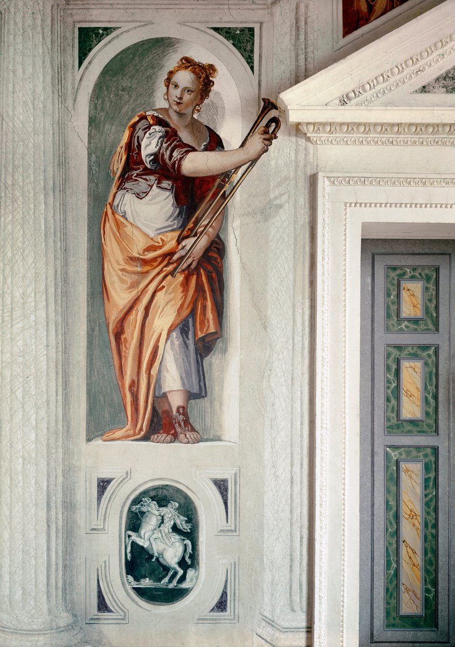 Trumpetista. Obraz Paola Caliariho zvaný Paolo Veronese (1528-1588), cca 1561. Freska. Maser (Treviso), Villa Barbaro od Veronese