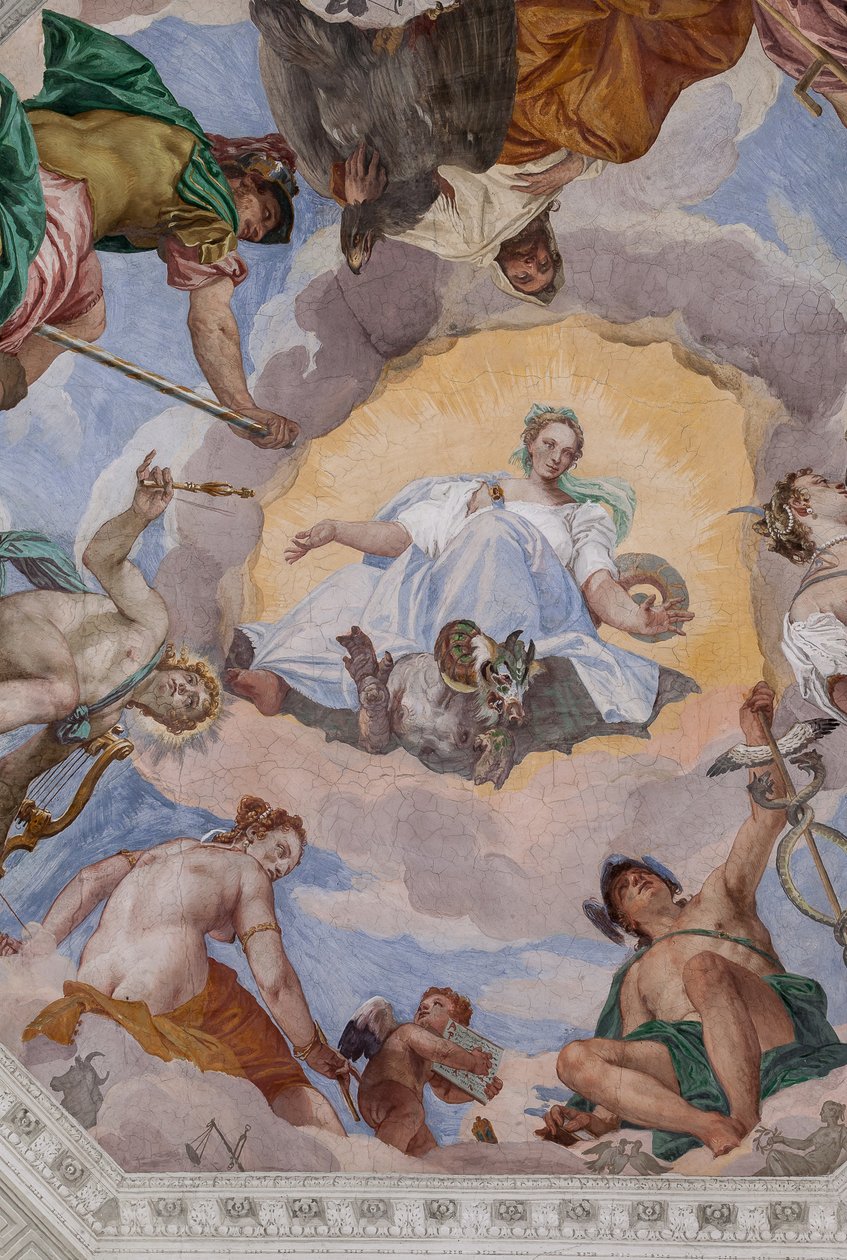 Univerzální harmonie obklopená bohy: Zeus s orlem, Mars, Apollo s lyrou, Venuše, Merkur s caduceem, Diana se psy a Saturn, centrální osmiúhelník síně Olympu od Veronese