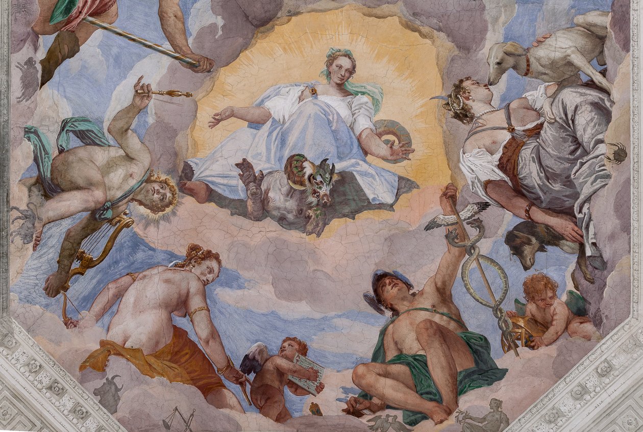 Univerzální harmonie obklopená bohy: Zeus s orlem, Mars, Apollo s lyrou, Venuše, Merkur s caduceem, Diana se psy a Saturn, centrální osmiúhelník síně Olympu od Veronese