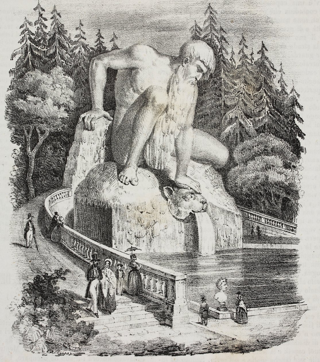 Kolos z Apenin (od Giambologna) v parku Villa Demidoff (Villa Medicea of ​​​​Pratolino), Vaglia, Toskánsko, Itálie, litografie Giovanni Mariani z Poliorama Pittoresco, n 10, 15. října od Giambologna