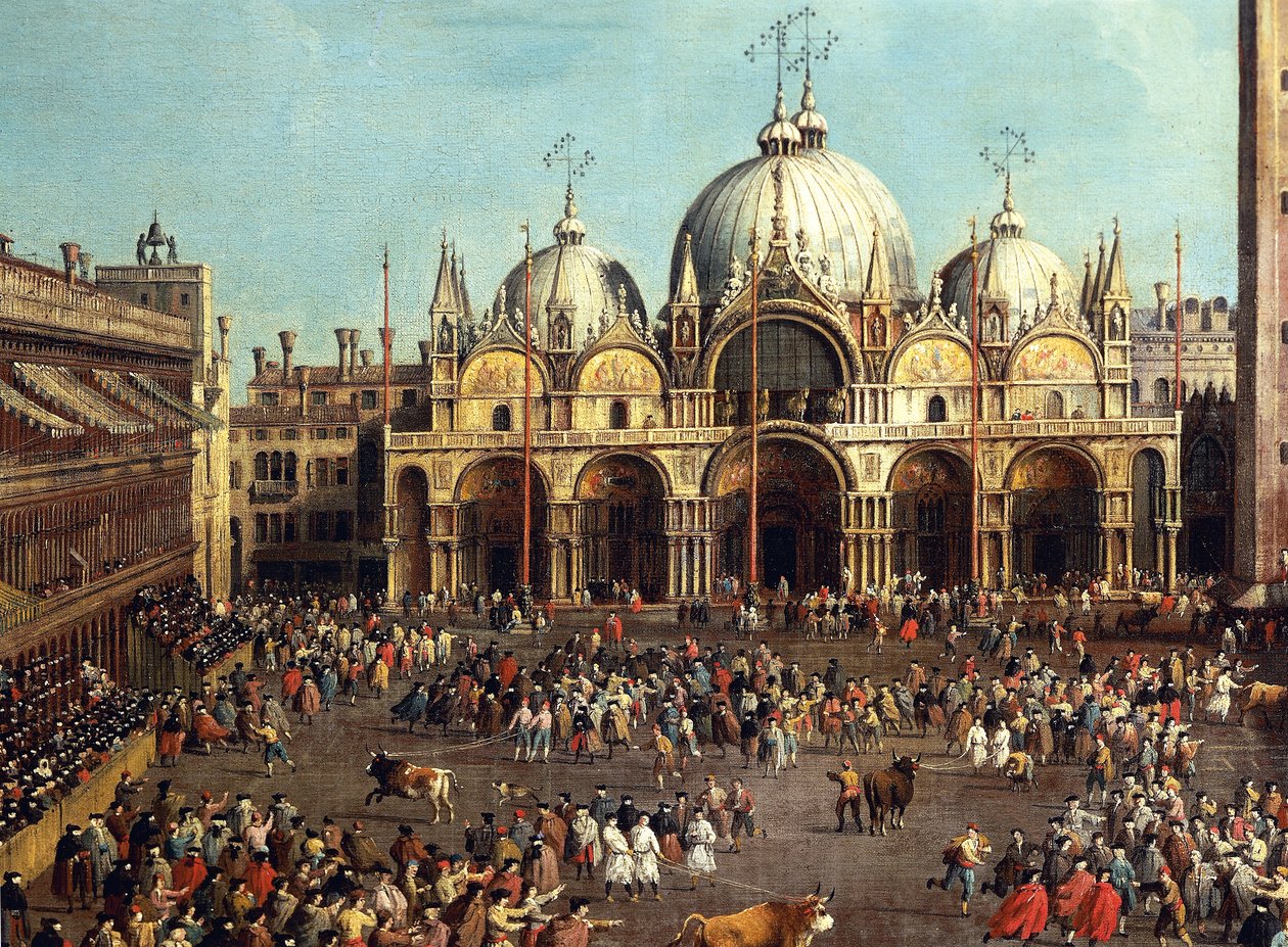 Býčí zápasy nebo lov býků na Piazza San Marco, od Giovanniho Antonia Canal, známého jako Canaletto (1697-1768) a od Giovanniho Battisty Cimaroliho (1687-po 1753), olej na plátně, 99x145 cm od Canaletto