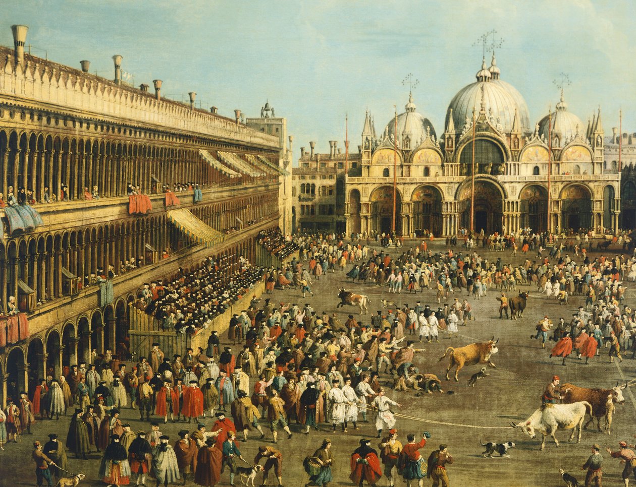 Býčí zápasy aneb lov býků na náměstí Piazza San Marco, Giovanni Antonio Canal (1697-1768) a Giovanni Battista Cimaroli (1687-po 1753), olej na plátně, 99x145 cm od Canaletto
