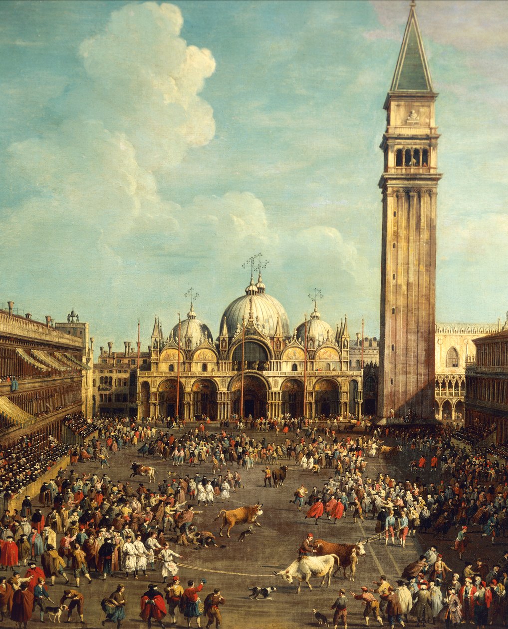 Býčí zápasy nebo lov býků na Piazza San Marco, od Giovanniho Antonia Canal, známého jako Canaletto (1697-1768) a od Giovanniho Battisty Cimaroliho (1687-po 1753), olej na plátně, 99x145 cm od Canaletto