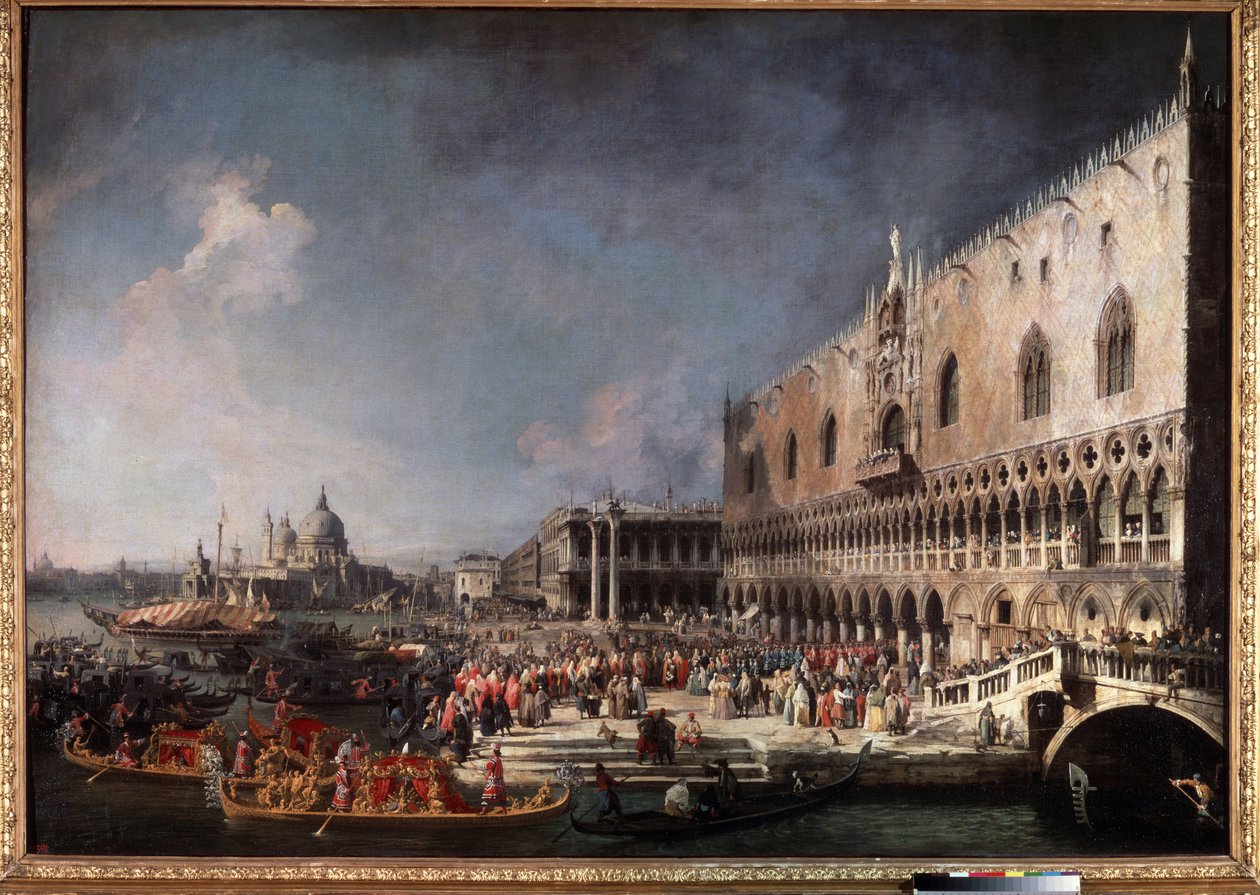 "Vchod hraběte Gergyho, velvyslance Francie, do vévodského paláce v Benátkách"" (Příjezd francouzského velvyslance v Benátkách) Obraz Giovanni Antonio Canal, Said Canaletto (1697-1768) od Canaletto
