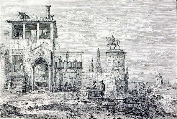 Krajina s jezdeckým památníkem (rytina) od Canaletto