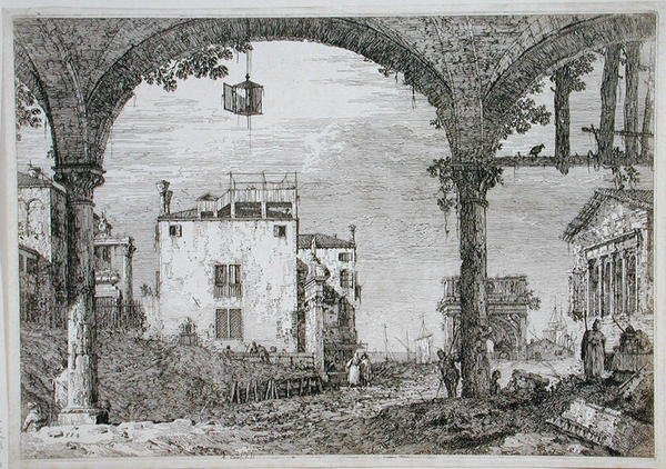 Pohled přes arkádu směrem k pobřežním budovám (lept) od Canaletto