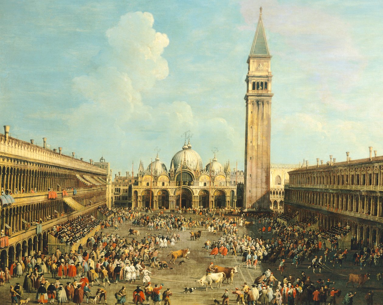 Býčí zápasy aneb lov býků na náměstí Piazza San Marco, Giovanni Antonio Canal (1697-1768) a Giovanni Battista Cimaroli (1687-po 1753), olej na plátně, 99x145 cm od Canaletto