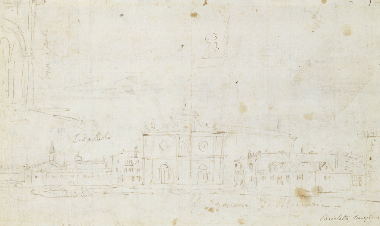 Murano: San Giovanni Dei Battuti, S Benátkami v dálce, kolem 1735-40 (kresba) od Canaletto
