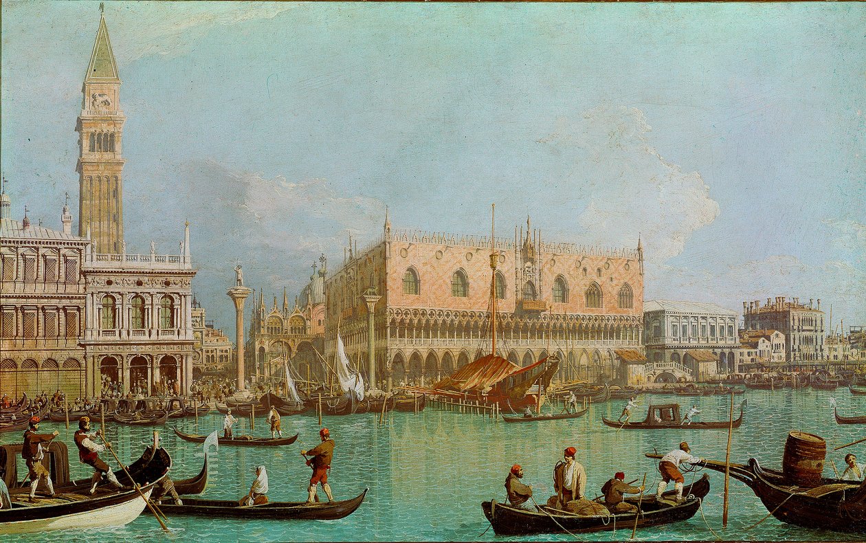 Krtek s vévodským palácem povodí svatého Marka. Pohled na Benátky, Dóžecí palác a náměstí svatého Marka z kanálu. Obraz Giovanni Antonia Canal dit il Canaletto (1697-1768) od Canaletto