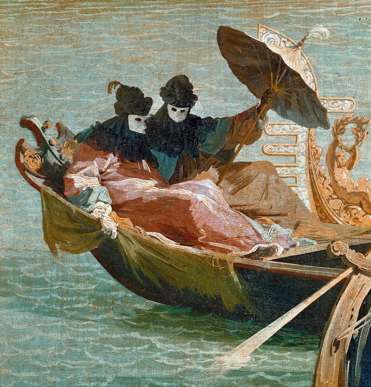 Zasnoubení benátského dóžete s Jaderským mořem: Detail dvou postav s maskou a deštníkem na gondole (olej na plátně, cca 1729) od Canaletto