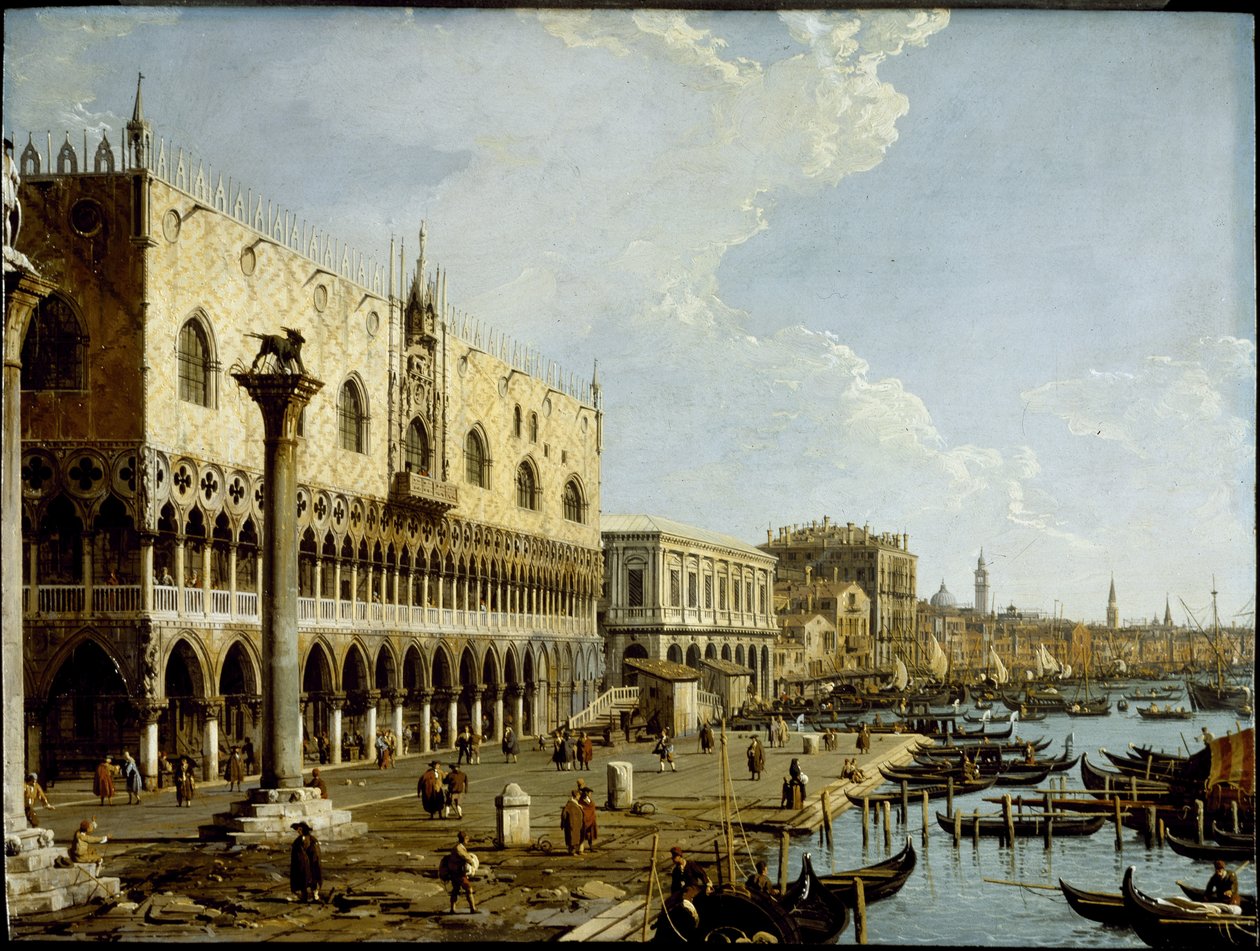 Benátky: pohled na Dóžecí palác a Riva degli Schiavoni z Piazzetta, kolem roku 1729 (olej na měděném panelu) od Canaletto