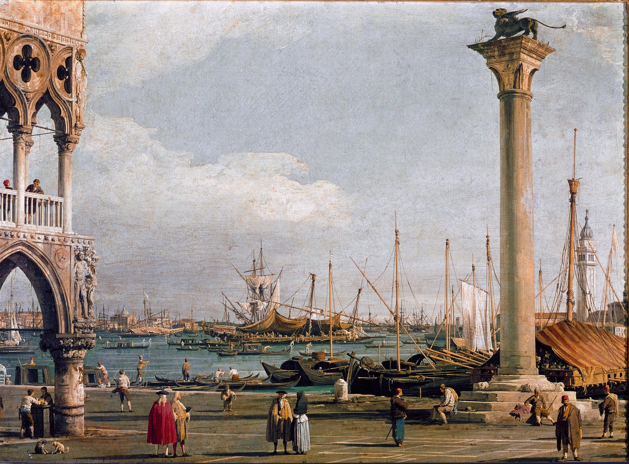 Pohled na pánev svatého Marka a kostel San Giorgio Maggiore z Piazzetta do Benátek (olej na plátně od Canaletto
