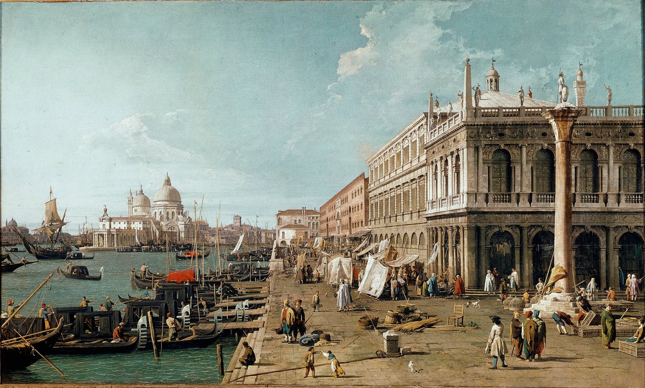 Pohled na Molo, Biblioteca Marciana a sloup sv. Theodora, Benátky od Canaletto