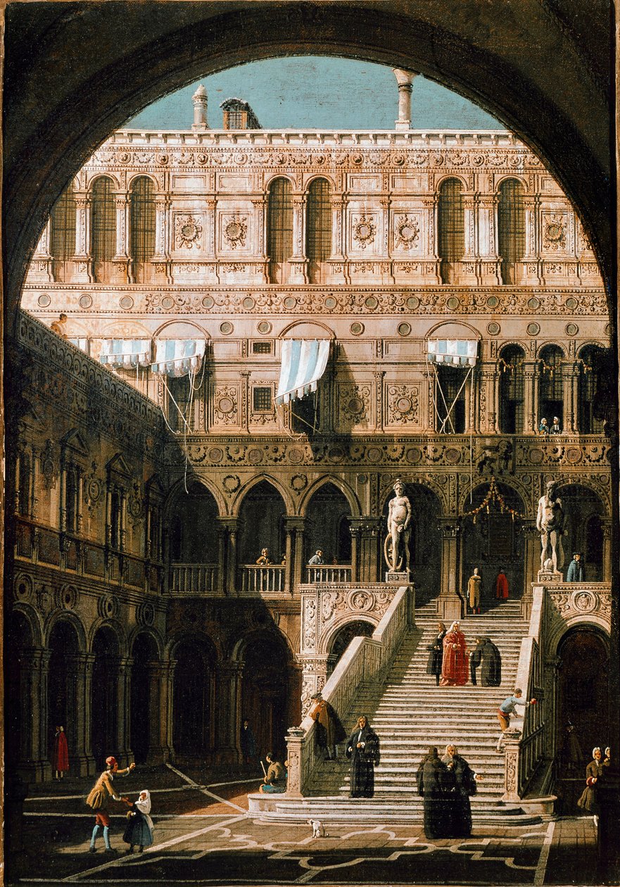 Pohled na schodiště obrů, vévodský palác v Benátkách (olej na plátně od Canaletto