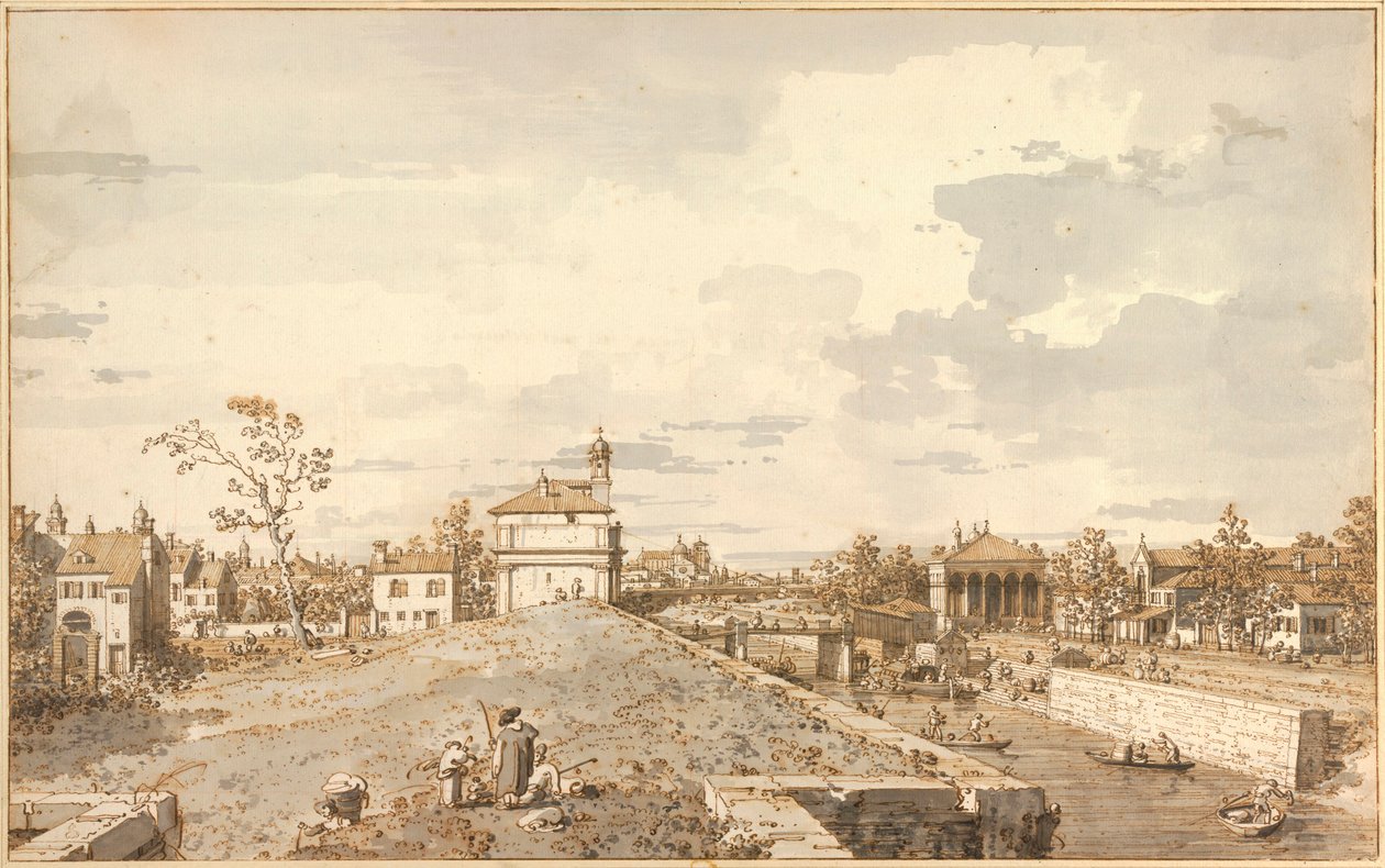 "" Vue de Porta Portello avec le canal Brenta, Padoue "" (Porta Portello s kanálem Brenta v Padově) Dessin a la plume d