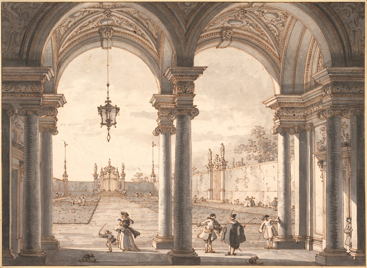 ""Pohled na barokní kolonádu s výhledem do zahrady"" (Pohled přes barokní kolonádu do zahrady) Perokresba Antonia Canal dit Canaletto (1697-1768) 1760-1768 Rozměr 33,1x45,4 cm Albertina, Vídeň od Canaletto