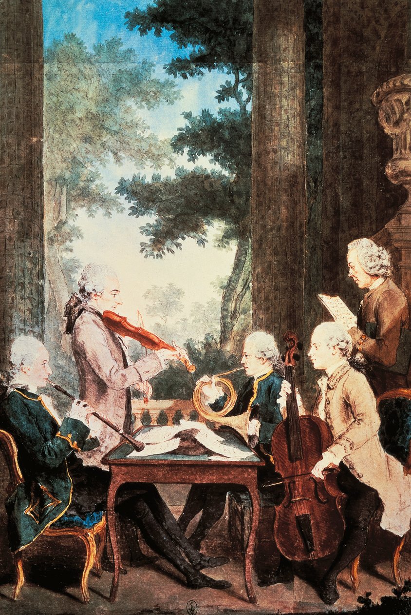 Koncert pro hoboj, housle, lesní roh a violoncello, Louis de Carmontelle (1717-1806), akvarel. Francie od Carmontelle