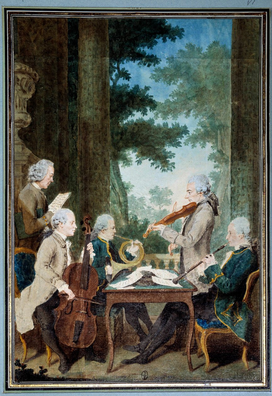 Pánové Duport, Vachon, Rodolphe, Provers a Vernier Portrét skupiny hudebníků během koncertu. Akvarel od Louise Carrogise (1717-1806) dit Carmontelle. Slunce 18. století. 0,34x0,23 m Chantilly, muzejní conde od Carmontelle