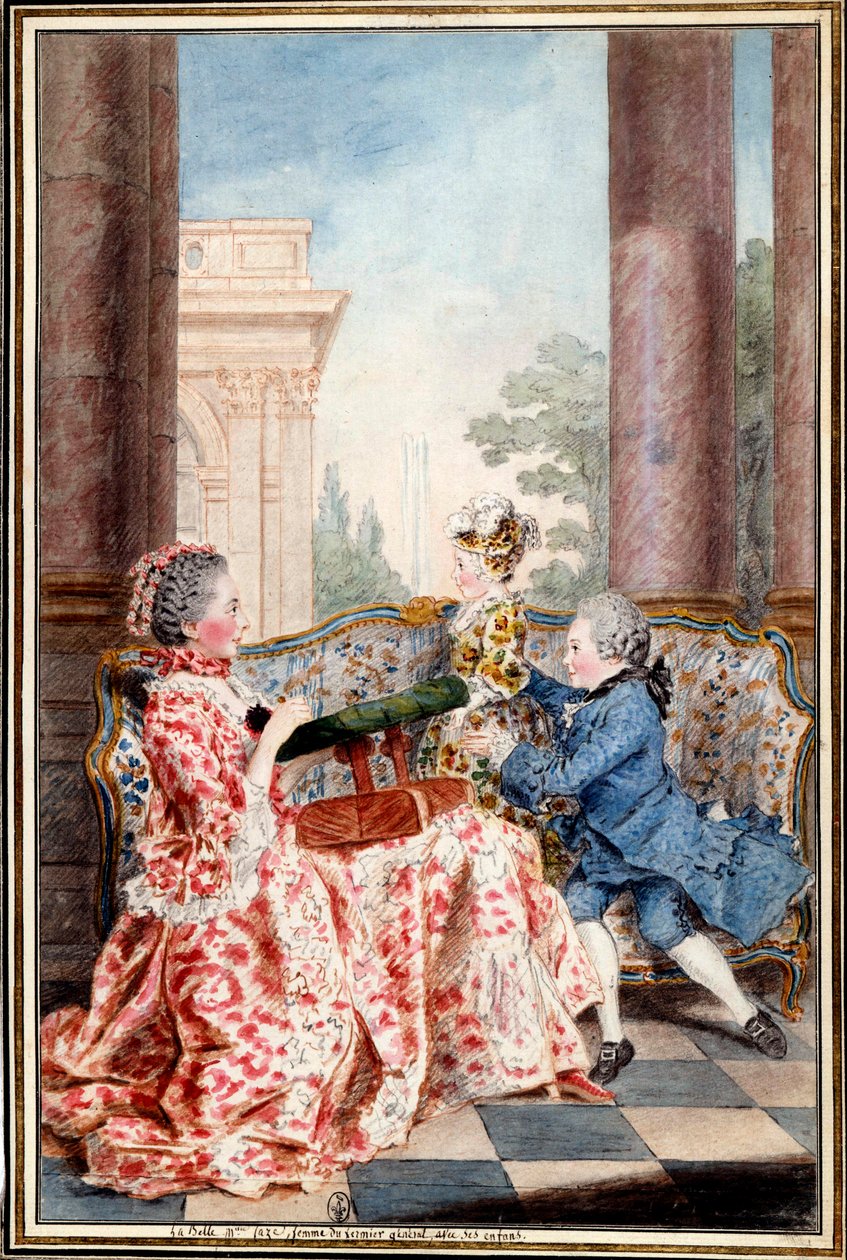 La belle Madame Caze, manželka generála farmáře a její děti Akvarel od Louise Carrogise (1717-1806) dit Carmontelle. Slunce 18. století. 0,32x0,21 m Chantilly, musee conde od Carmontelle