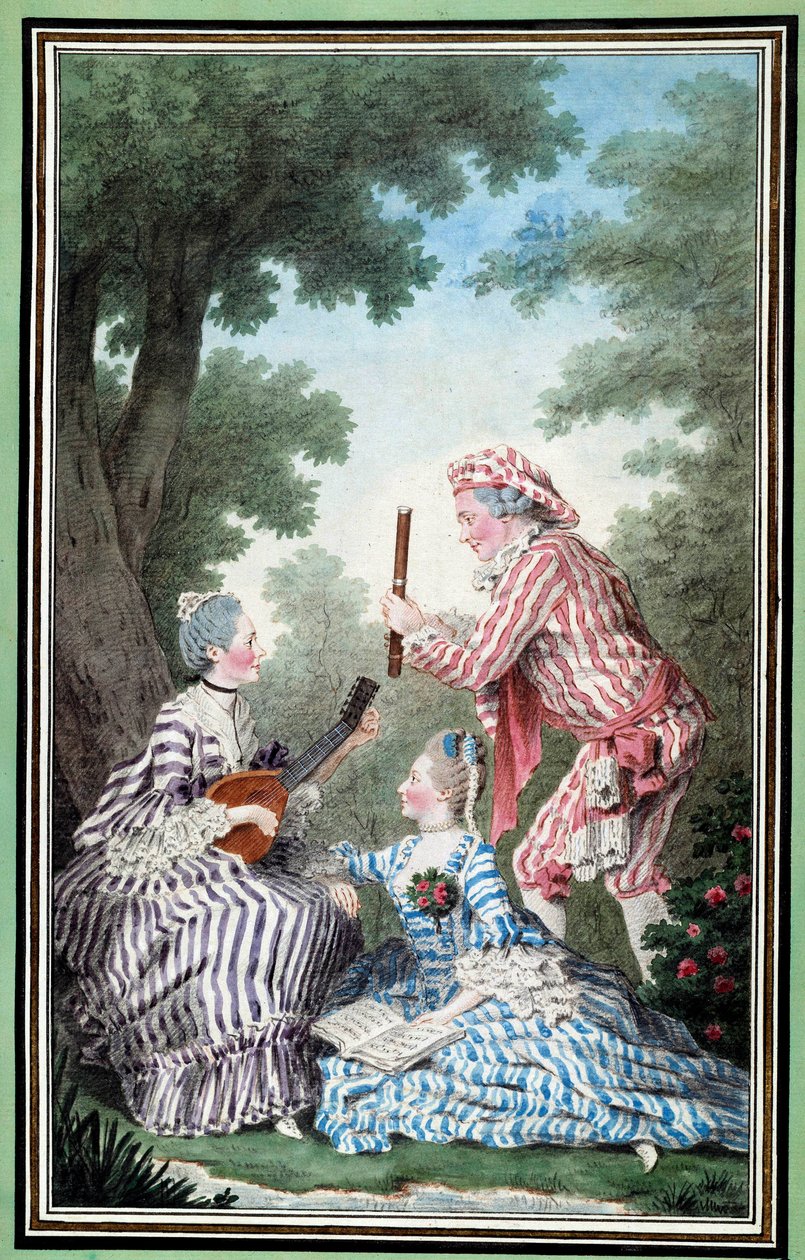 Madame de Meaux, Mademoiselle de Meaux a Monsieur de Saint Quentin opakující komickou operu Akvarel od Louise Carrogise Carmontelle (1717-1806) Chantilly z 18. století, Musee Conde od Carmontelle