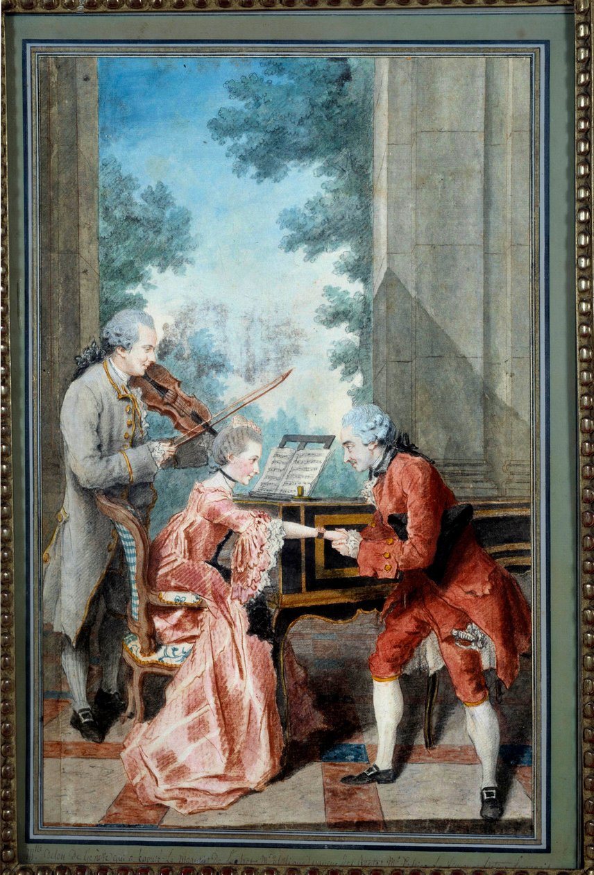 Mademoiselle Delou, Monsieur Philippe a Monsieur de Texier Gentleman vzdává hold mladému pianistovi. Akvarel Louis Carrogis, dit Carmontelle (1717-1806) Paříž 18. století, Musee Carnavalet - Mademoiselle Delou, Monsieur Philippe a Monsieur d od Carmontelle