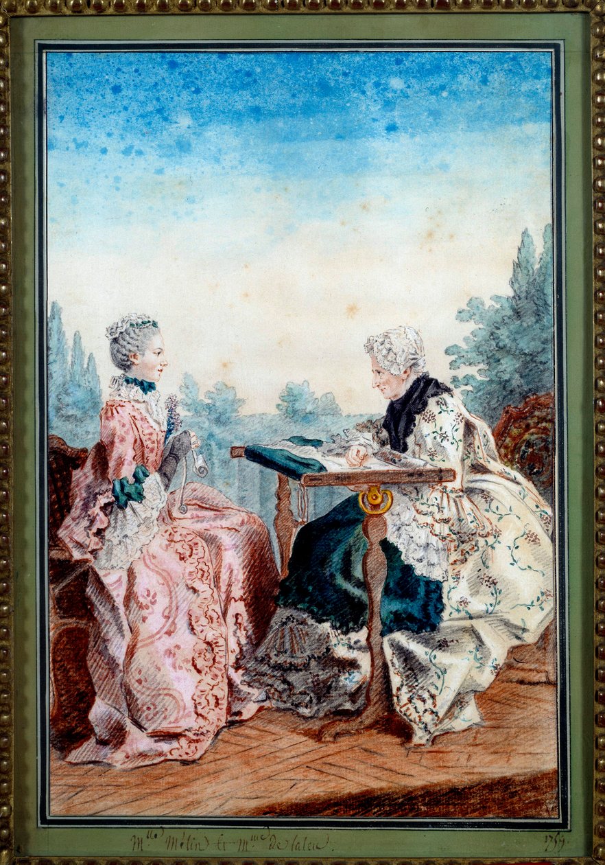 Mademoiselle Melin a Mademoiselle de Laleu dělají akvarelovou tapisérii Louis carrogis dit Carmontelle (1717-1806) 1759. Paříž, Musee Carnavalet od Carmontelle