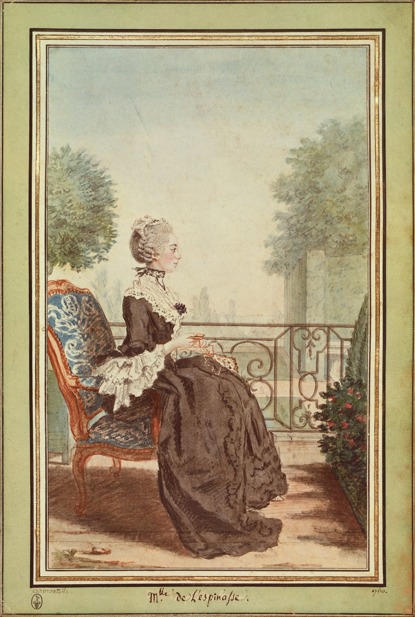 Paní Jeanne Julie Eleonore de Lespinasse, Louis de Carmontelle (1717-1806), rytina od Carmontelle