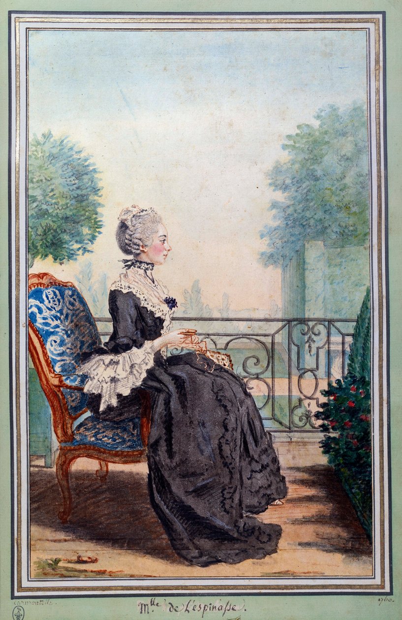 Celovečerní portrét Julie de Lespinasse (1732-1776) akvarelové ženy od Louise Carrogise (1717-1806) známé jako Carmontelle. Chantilly z 18. století, muzeum Conde od Carmontelle