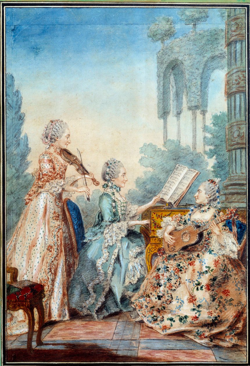 Tři dcery skladatele Josepha Nicolase Pancrace Royera (1705-1755) provádějící partituru baletu Zaide Aquarelle Louise Carrogise Carmontelleho (1717-1806) 1760 Paříž, Musee Carnavalet od Carmontelle