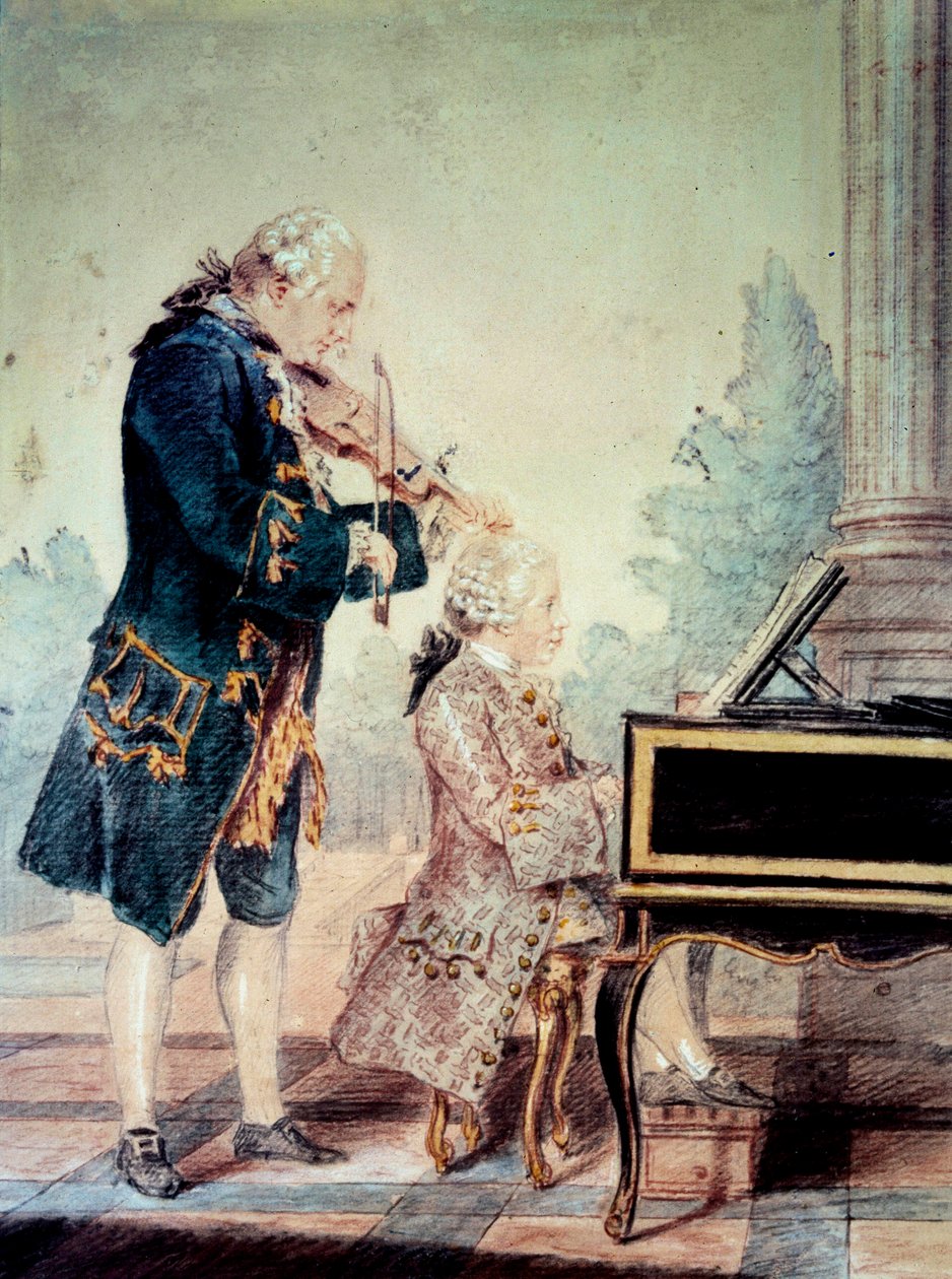 Wolfgang Amadeus Mozart (1756-1791) dítě hraje na klavír se svým otcem Leopoldem”” Akvarel Louis Carrogis Carmontelle (1717-1806) 1777 Paříž, Musee Carnavalet od Carmontelle