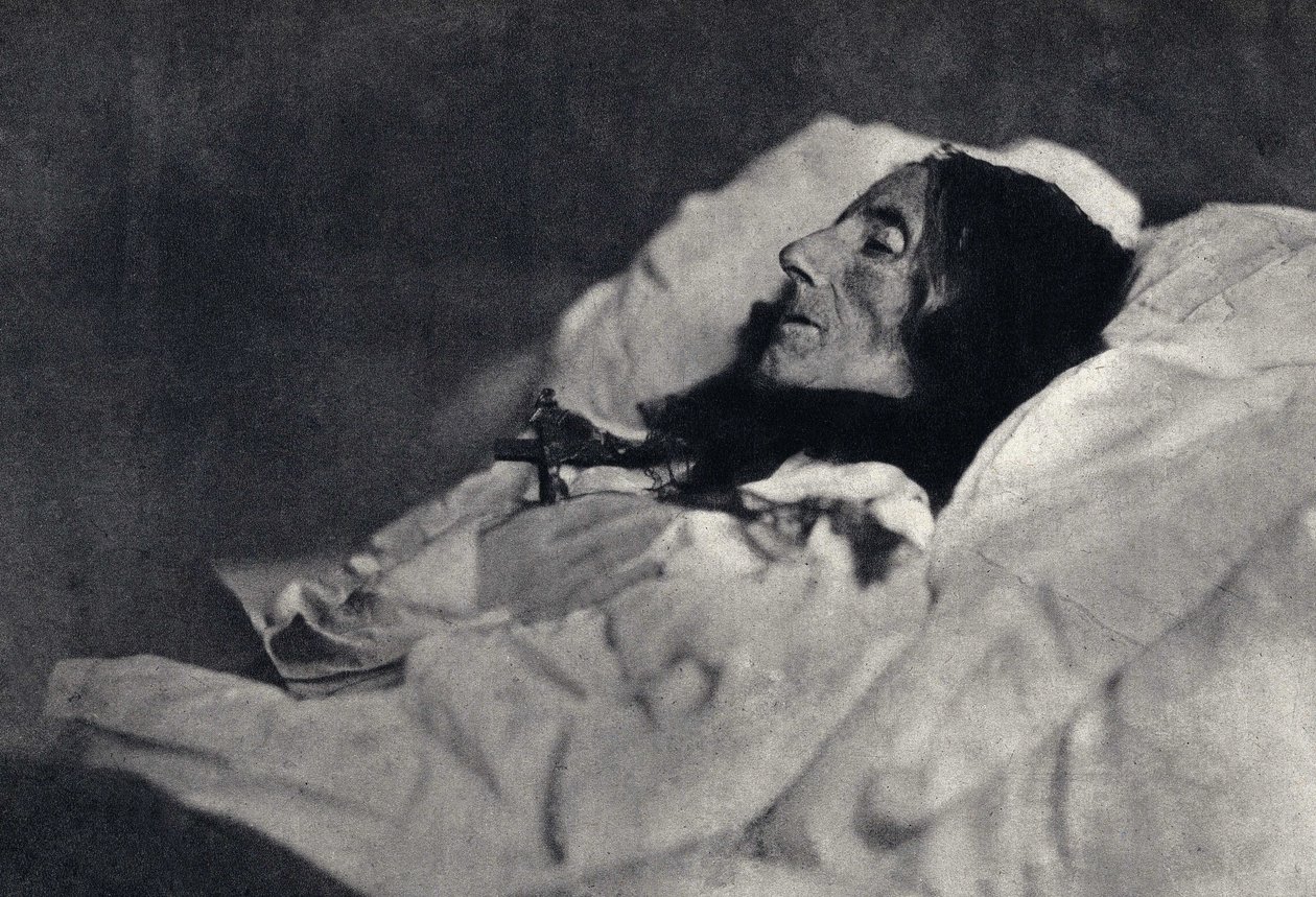 Portrét básnířky Marcelline Desbordes Valmore (Desbordes-Valmore) (1786-1859) na smrtelné posteli. Fotografie Felixe Tournachona dit Nadar (1820-1910) v roce 1859. Tisk Victor Tournachon, otec Nadar, konec 19. století. od Nadar