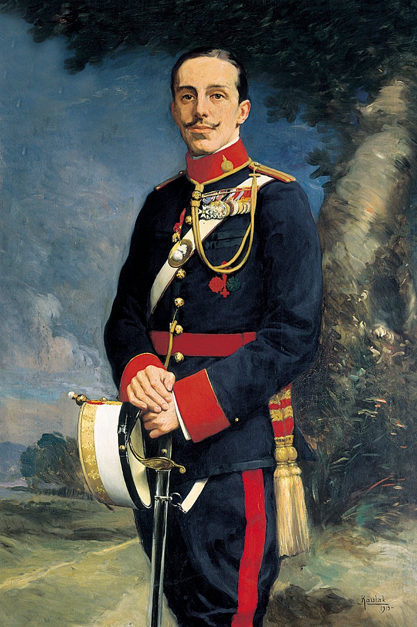 Portrét Alfonse XIII (1886-1941), španělského krále ve vojenské uniformě. Obraz Kaulak (19. století) od Kaulak