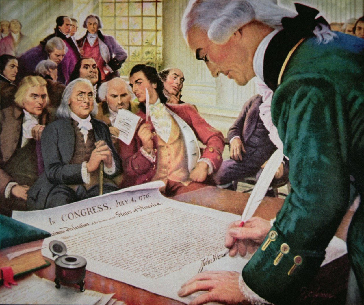 John Hancock (1737-93) podepisuje Americkou deklaraci nezávislosti, 4. července 1776 (barevně lito) od (after) American School