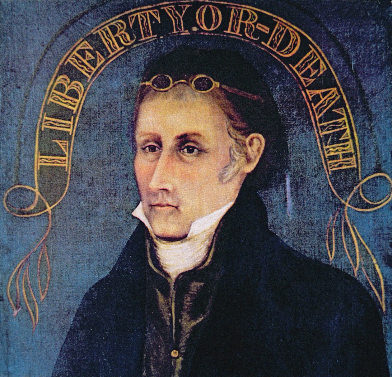 Patrick Henry, zobrazený s legendou „Svoboda nebo smrt“ (barevné lito) od (after) American School