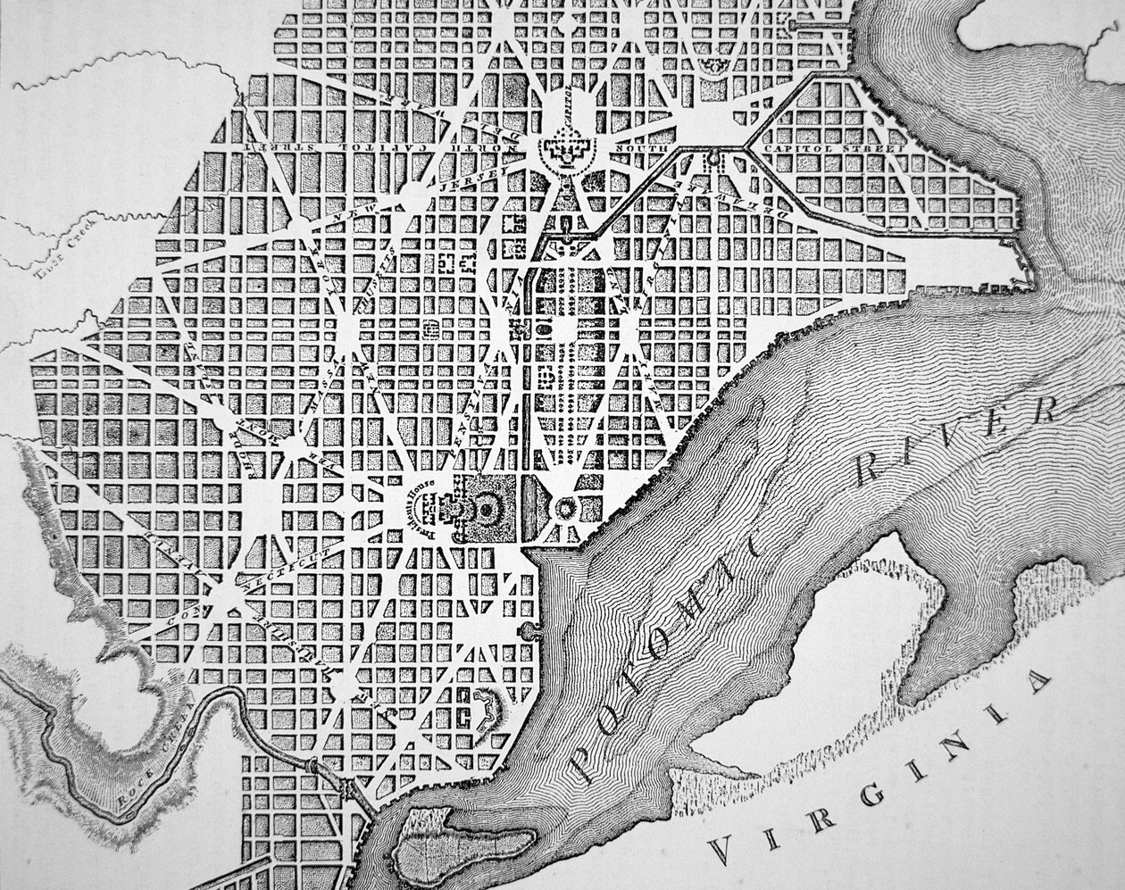 Plán města Washington, jak byl původně stanoven v roce 1793 (rytina) od (after) American School