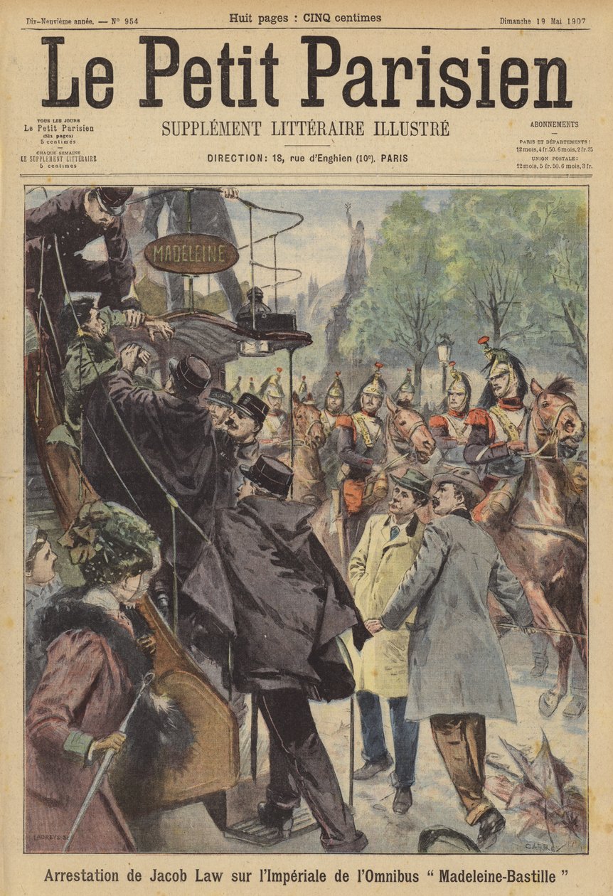 Zatčení muže v pařížském autobuse poté, co vystřelil na projíždějící oddíl kavalerie (barevná litografie) od (after) Carrey