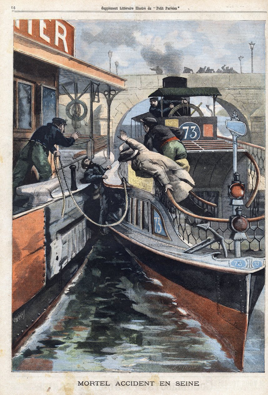 Smrtelná nehoda na Seině: zaměstnanec společnosti des Bateaux Parisiens zemřel havarovaný mezi dvěma čluny poblíž mostu Charenton. Rytina v „“Le Petit Parisien““ dne 17.2.1901. od (after) Carrey