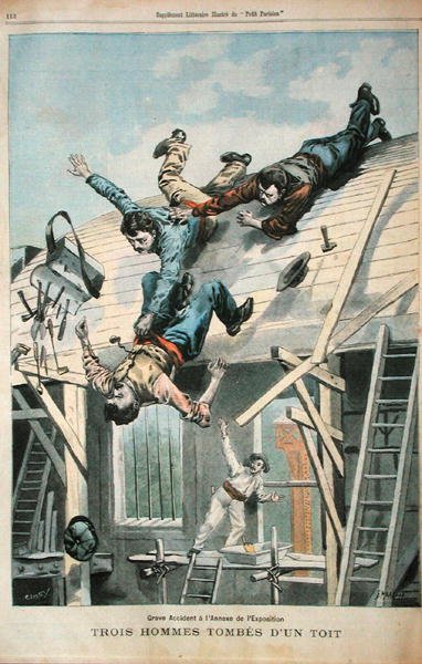 Tři muži padající ze střechy, z „Le Petit Parisian“, vyryto Fortune-Louis Meaulle (1844-1901) 8. dubna 1900 (barva litho) od (after) Carrey