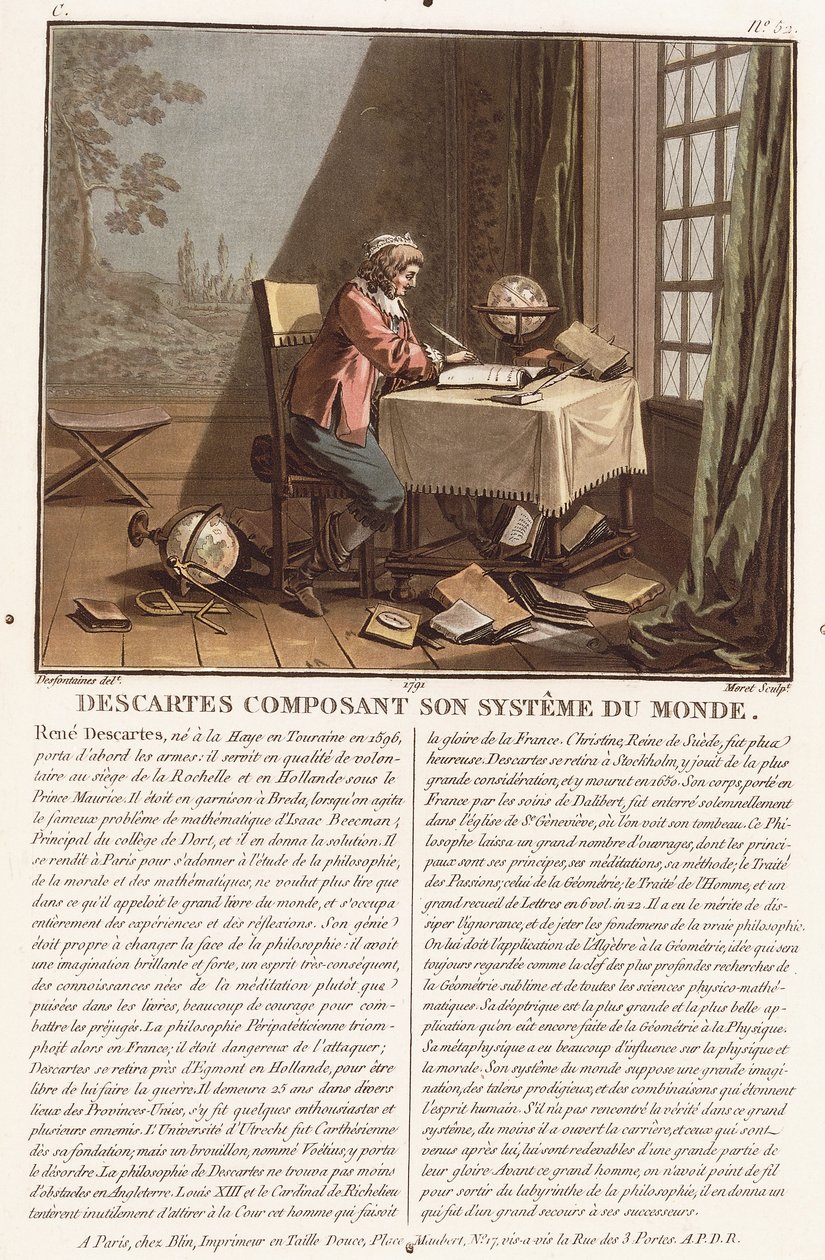 Descartes Composing His World System, cca 1786-1792 (barevná akvatinta) od (after) Desfontaines