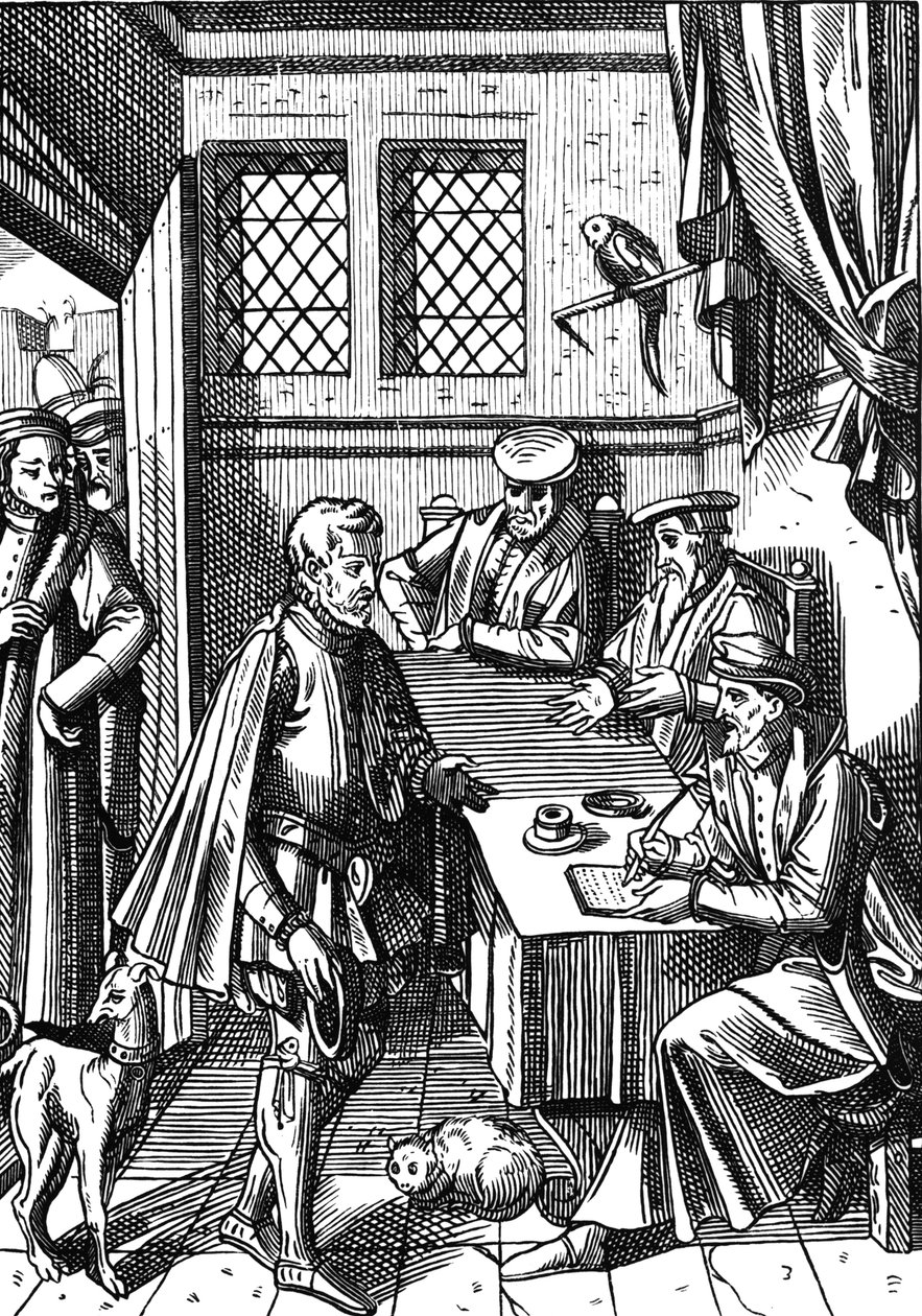 Bailliage neboli Tribunál královského bailifa podle dřevorytiny v „Praxis Rerum Civilium“ od Joose de Damhouder (1507-81) publikoval Antverpy od (after) Dutch School