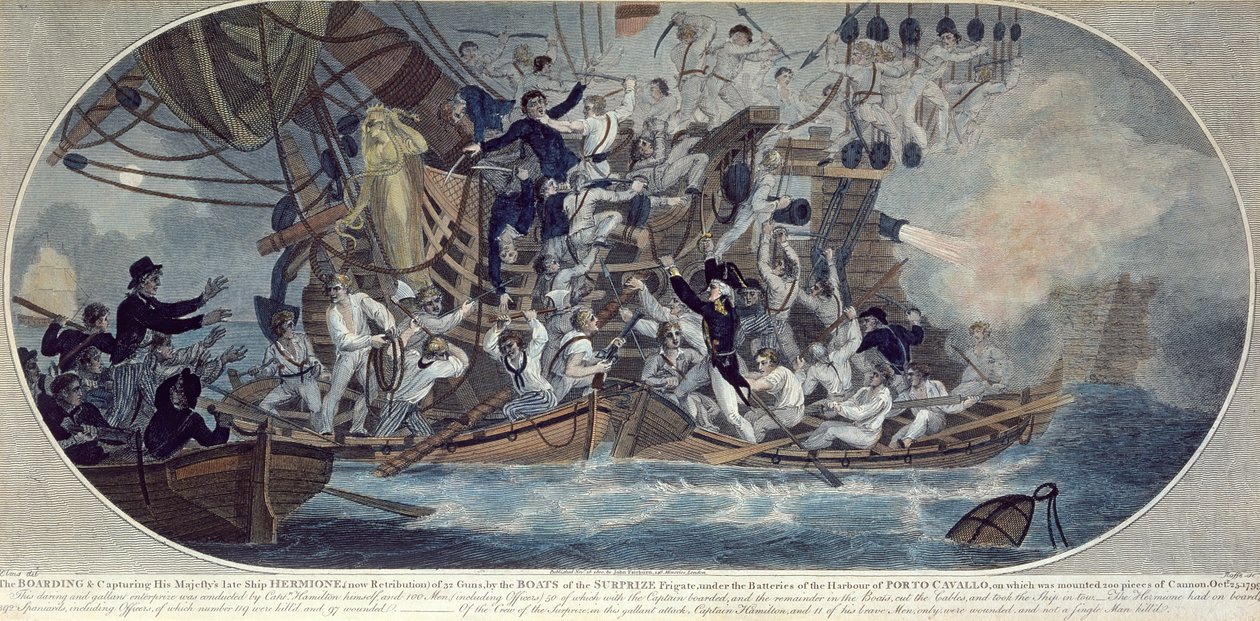 Nalodění a zajetí pozdní lodi Jeho Veličenstva, Hermiona (nyní Odplata) 25. října 1799, vyryto Roffem (barevný lept) od (after) Elms