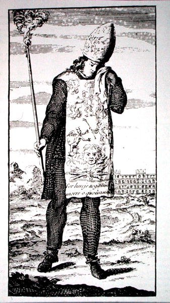 Čaroděj odsouzen k smrti inkvizicí, kopie ilustrace z „A Complete History of the Inquisition“, Londýn 1736, použitá v „History of Magic“, vydané koncem 19. století (rytina) od (after) English School