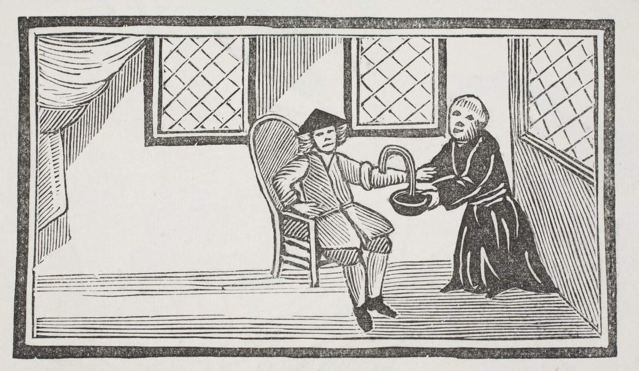 Znázornění zrádného mnicha, který ho vykrvácel, ilustrace z 