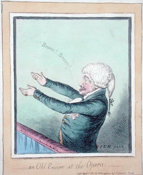 Starý přídavek v Opeře! lept James Gillray (1756-1815) vydal Hannah Humphrey v roce 1803 (ručně kolorovaný lept) od (after) English School