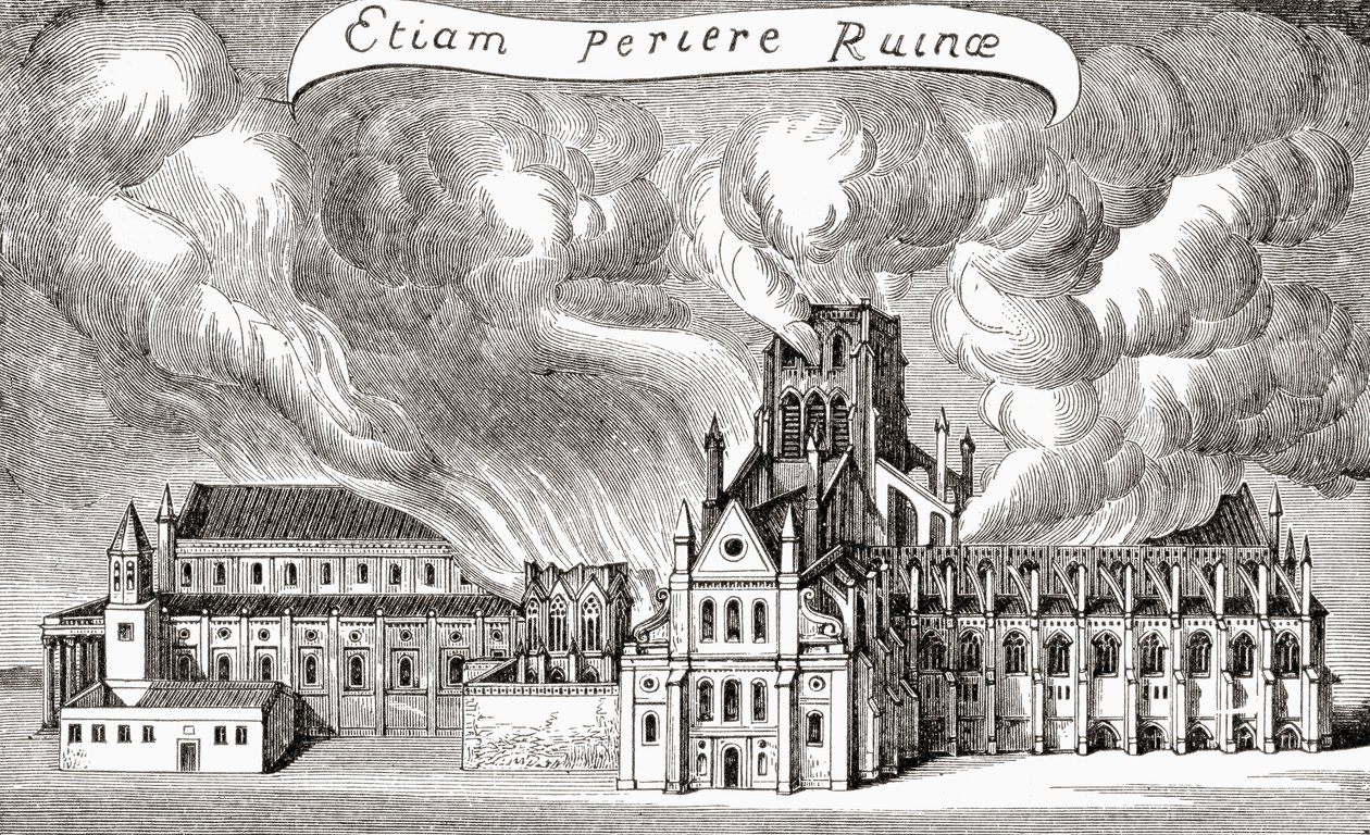 Stará katedrála svatého Pavla, Londýn, Anglie, zničená požárem v roce 1666, z „První knihy britské historie“, vydané v roce 1925 (litho) od (after) English School