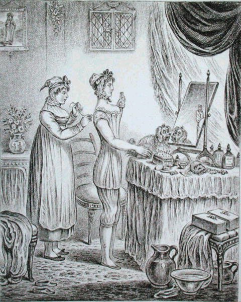 Progress of the Toilet: the Stays, leptané Jamesem Gillrayem (1757-1815), publikovala Hannah Humphrey v roce 1810 (lept) od (after) English School